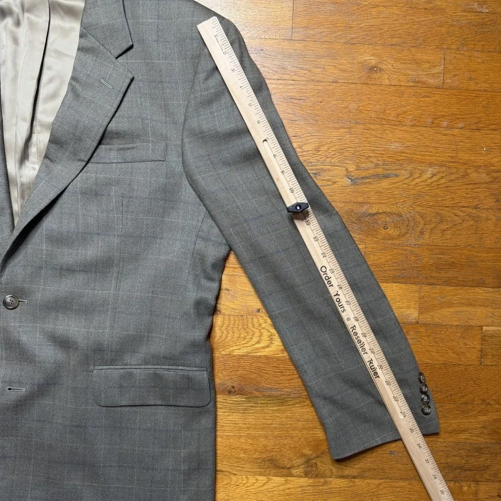 Jos A Bank Executive Collection Blazer 44L Plaid Tan Blue Silk Wool Sport Coat